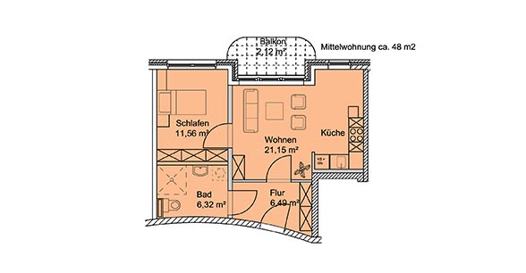 Service Wohnen GbR Glashütter Landstraße - Wohnungstyp E - Mittelwohnung ca. 48 m2